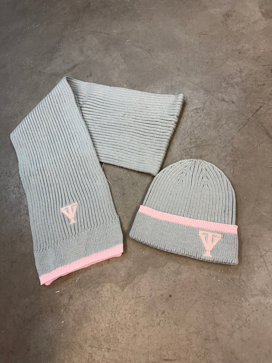 TrueVie Grey & Pink Beanie Hat & Scarf