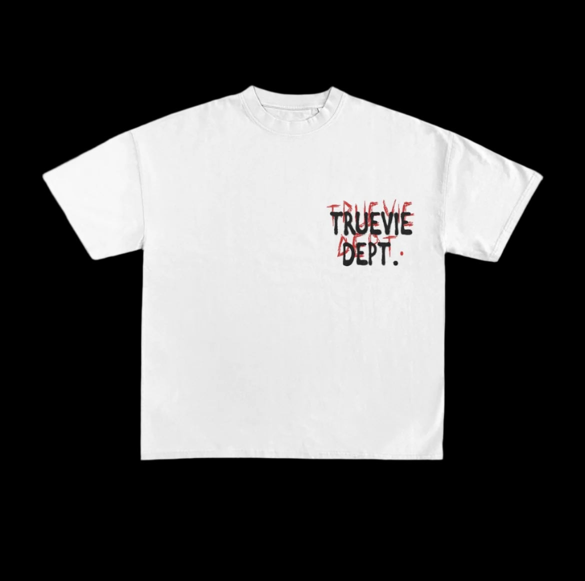 White t-shirt with 'TRUEVIE DEPT.' text on chest 