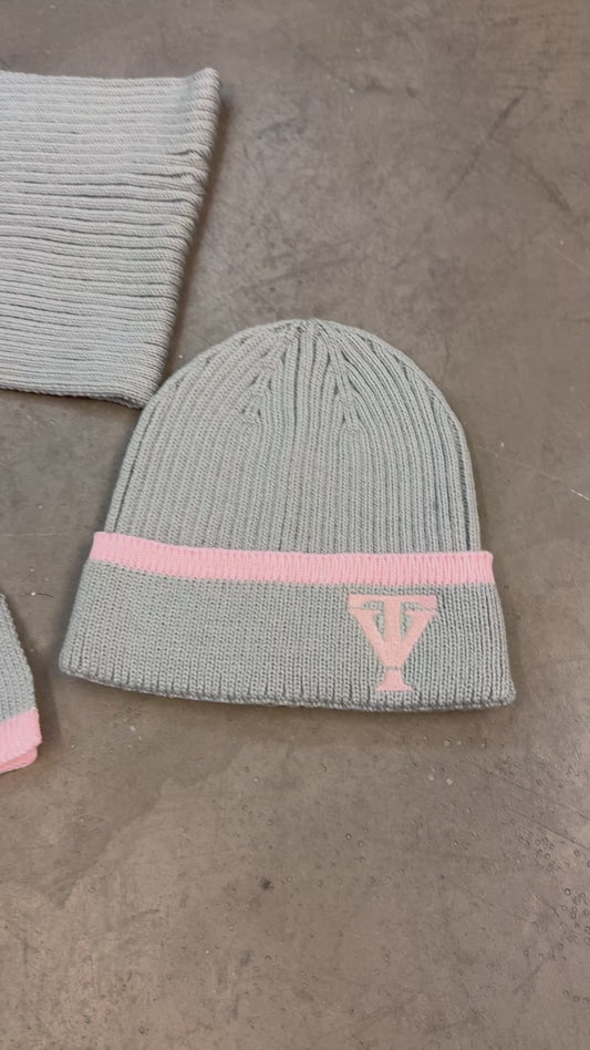 TrueVie Grey & Pink Beanie Hat & Scarf